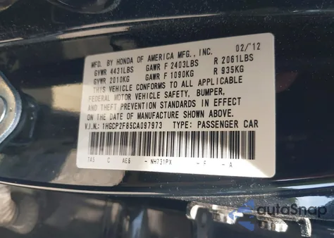 2012 Honda Accord 2.4 Ex-L from USA, damaged, VIN 1HGCP2F85CA097973